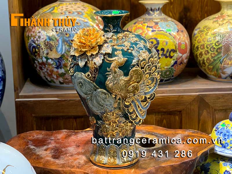 Bình tích lộc phú quý gốm sứ Bát Tràng đắp nổi 48cm sang trọng