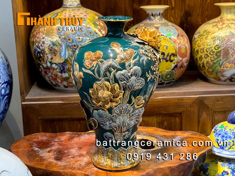 Bình tích lộc phú quý gốm sứ Bát Tràng đắp nổi 48cm sang trọng
