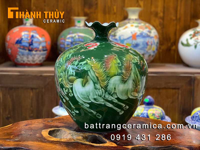 Bình hút lộc miệng lượn mã đáo thành công 35cm quà phong thủy vẽ vàng 24k cao cấp