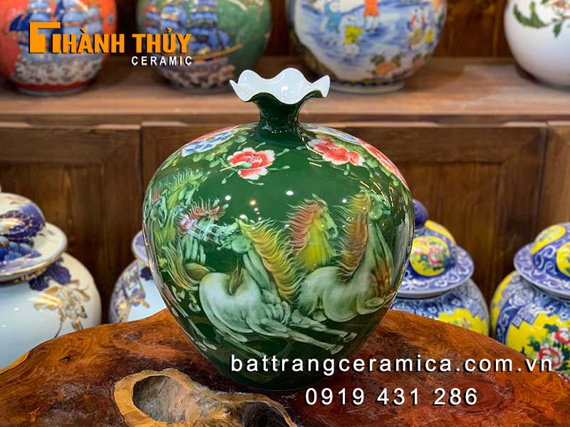 Bình hút lộc miệng lượn mã đáo thành công 35cm quà phong thủy vẽ vàng 24k cao cấp