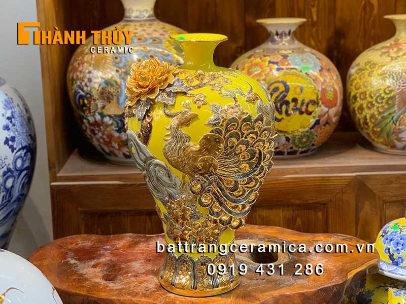 Mai bình tích lộc công đào đắp nổi 48cm vàng 24k Bát Tràng cao cấp