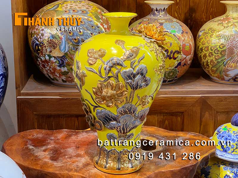 Mai bình tích lộc công đào đắp nổi 48cm vàng 24k Bát Tràng cao cấp