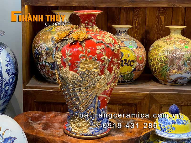 Bình tích lộc công đào 60cm sứ vẽ vàng 24k cao cấp phong thủy 