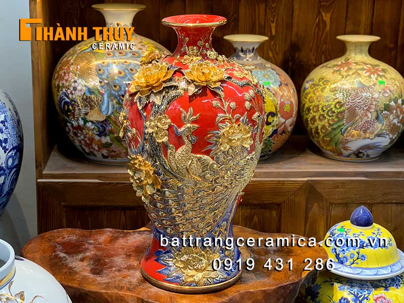 Bình tích lộc công đào 60cm sứ vẽ vàng 24k cao cấp phong thủy