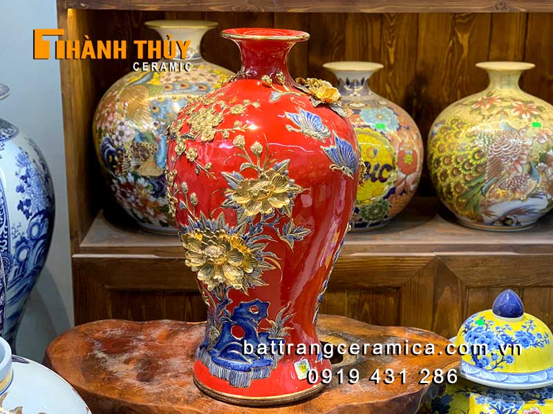 Bình tích lộc công đào 60cm sứ vẽ vàng 24k cao cấp phong thủy