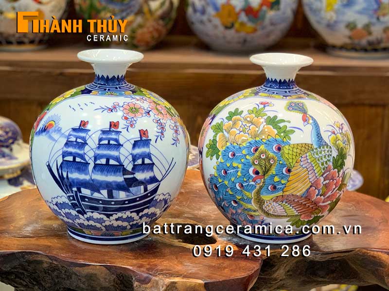 Bình hút tài lộc chim Công thuyền buồm 25cm dát vàng cao cấp 