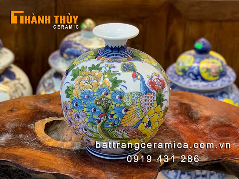 Bình hút tài lộc chim Công thuyền buồm 25cm dát vàng cao cấp