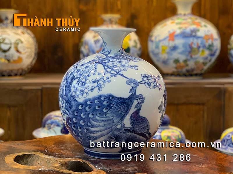 Bình hút tài lộc chim Công hoa Đào 30cm Quà phong thủy sang trọng