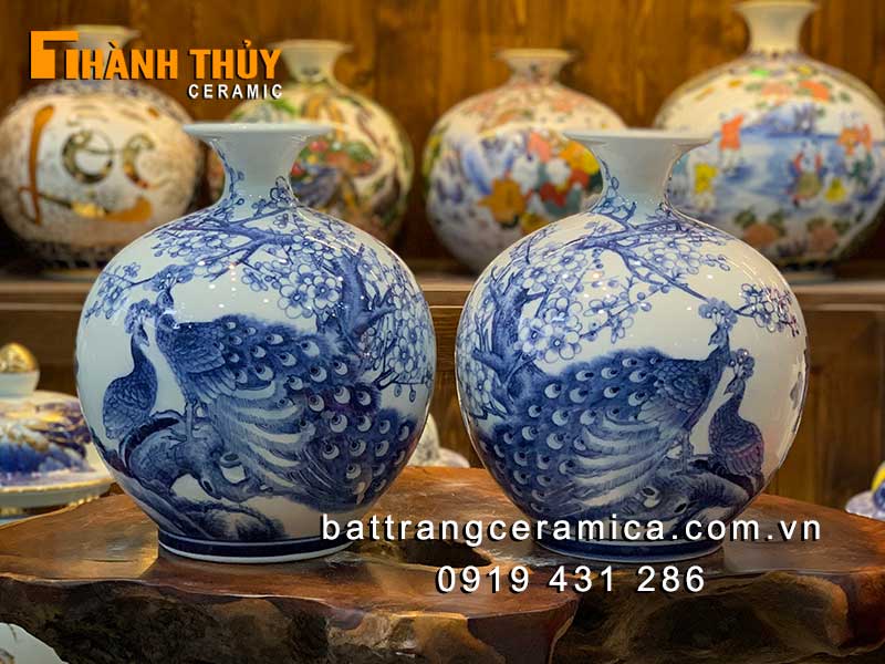 Bình hút tài lộc chim Công hoa Đào 30cm Quà phong thủy sang trọng