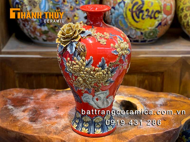 Mai bình tích lộc đỏ 38cm gốm Bát Tràng phong thủy may mắn tài lộc
