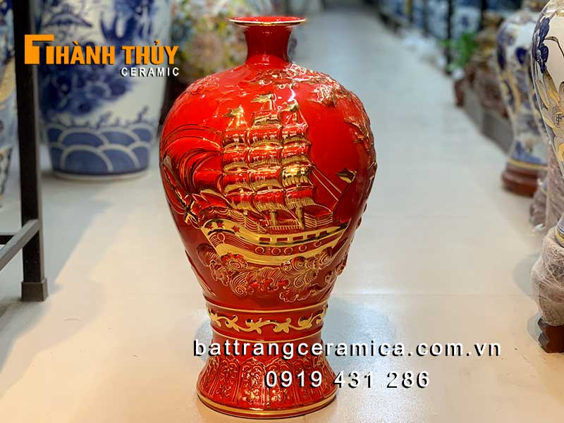 Bình tích lộc đỏ 46cm sứ vẽ vàng 24k Bát Tràng sang trọng Thuận buồm xuôi gió