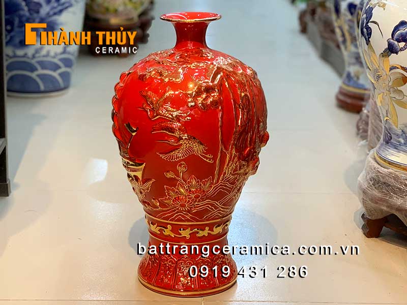 Bình tích lộc đỏ 46cm sứ vẽ vàng 24k Bát Tràng sang trọng Thuận buồm xuôi gió