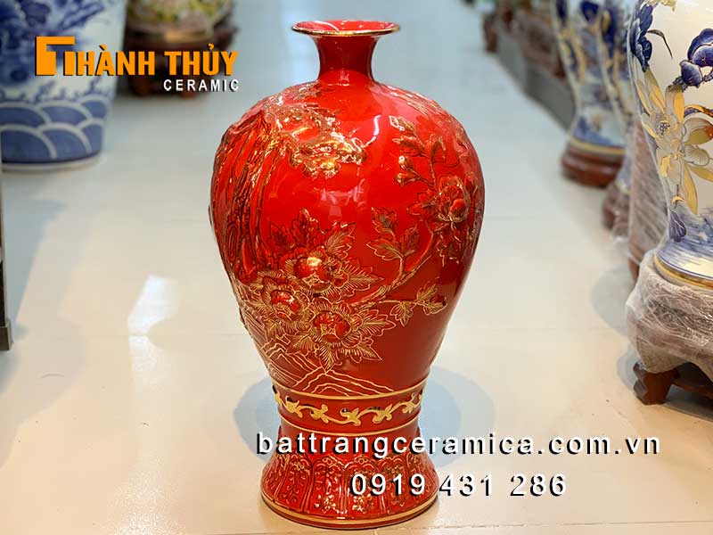 Bình tích lộc đỏ 46cm sứ vẽ vàng 24k Bát Tràng sang trọng Thuận buồm xuôi gió
