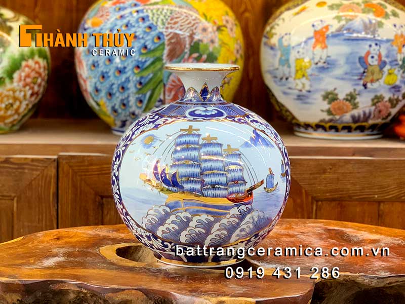 Bình hút lộc thuận buồm xuôi gió xanh 25cm cao cấp Bát Tràng