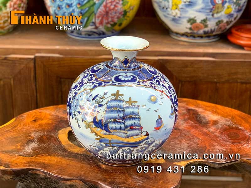 Bình hút lộc thuận buồm xuôi gió xanh 25cm cao cấp Bát Tràng
