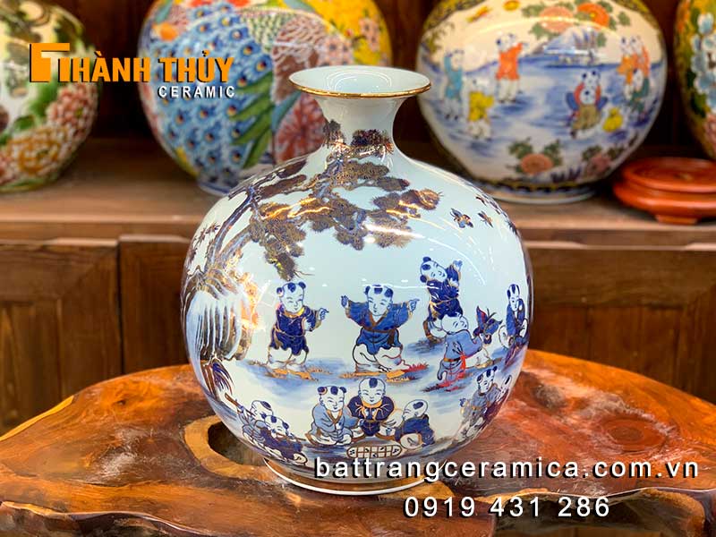 Bình hút lộc Bát Tràng men xanh lam 35cm vẽ vàng 24k cao cấp