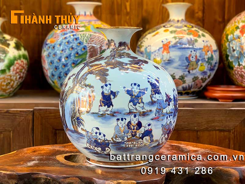 Bình hút lộc Bát Tràng men xanh lam 35cm vẽ vàng 24k cao cấp