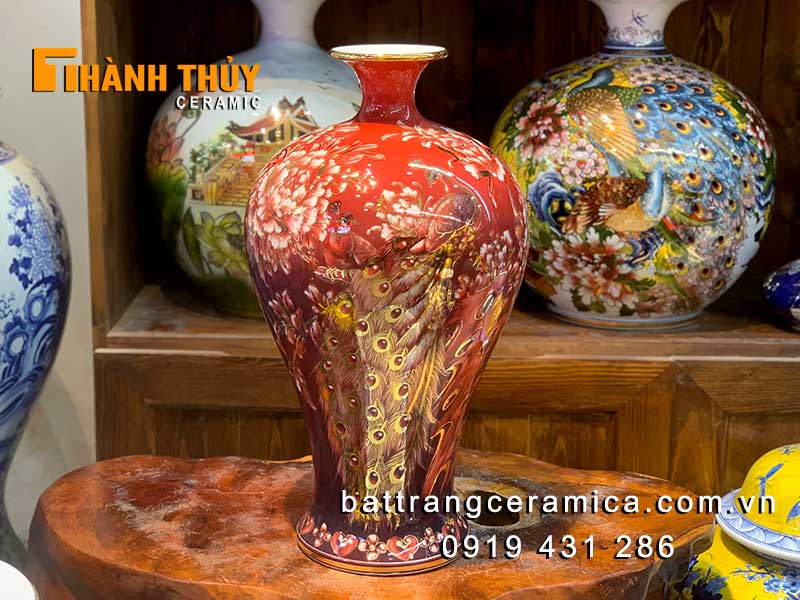 Bình tích lộc đỏ 50cm vàng 24k Bát Tràng may mắn phú quý 