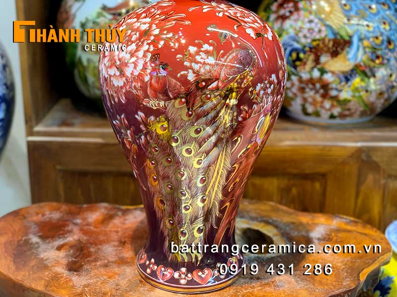 Bình tích lộc đỏ 50cm vàng 24k Bát Tràng may mắn phú quý