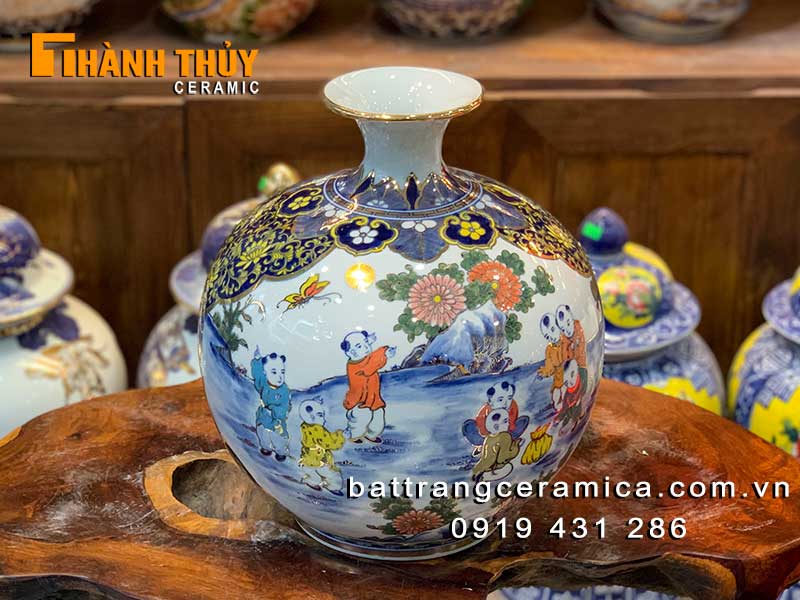 Bình hút lộc Bát Tràng 35cm vẽ vàng 24k sang trọng may mắn