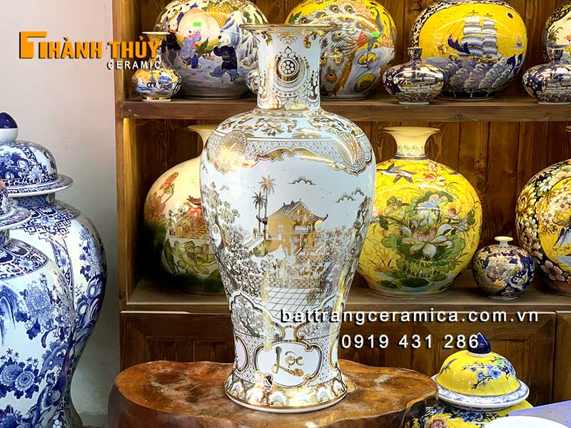 Bình vẽ vàng 24k men bạch ngọc 80cm sang trọng may mắn tài lộc 