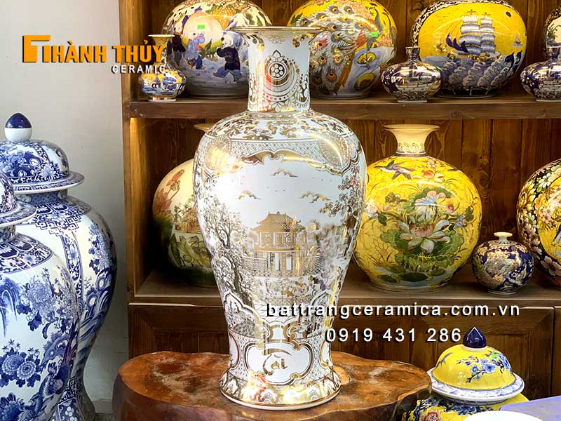 Bình vẽ vàng 24k men bạch ngọc 80cm sang trọng may mắn tài lộc