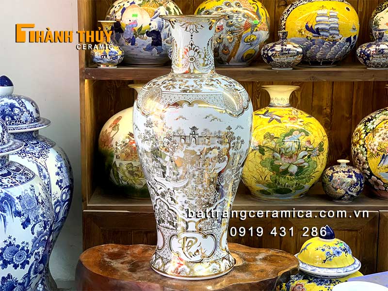 Bình vẽ vàng 24k men bạch ngọc 80cm sang trọng may mắn tài lộc