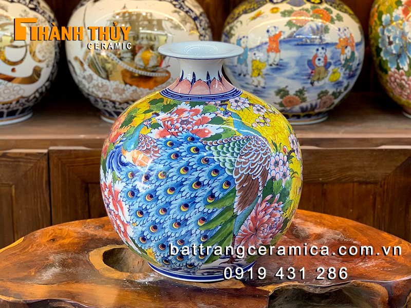 Bình hút lộc chim Công hoa đào 35cm cao cấp Bát Tràng đẹp sang