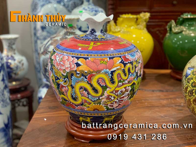 Bình hút tài lộc chim lạc rồng vàng 35cm gốm sứ Bát Tràng may mắn phát tài
