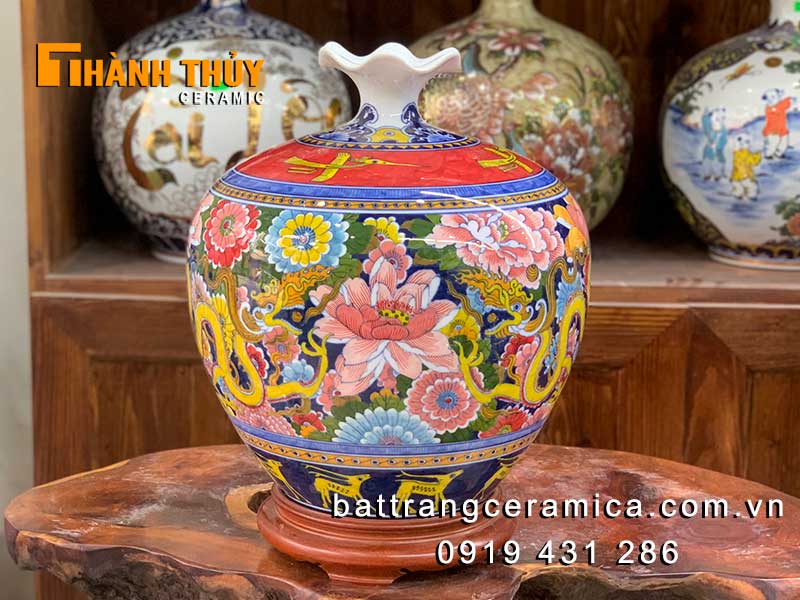 Bình hút tài lộc chim lạc rồng vàng 35cm gốm sứ Bát Tràng may mắn phát tài