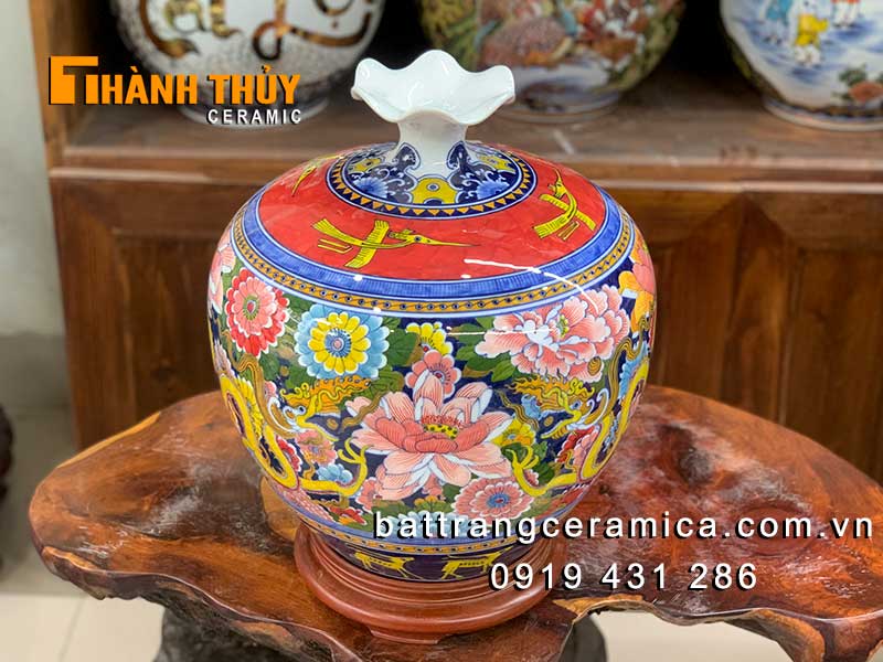 Bình hút tài lộc chim lạc rồng vàng 35cm gốm sứ Bát Tràng may mắn phát tài