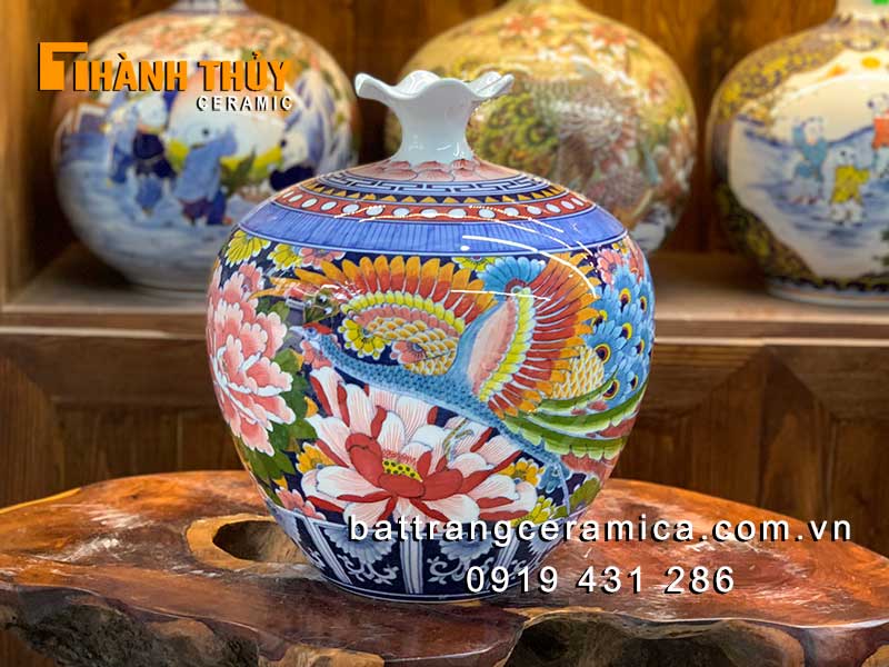 Bình hút tài lộc phượng hoàng ngàn hoa 35cm gốm sứ Bát Tràng may mắn phát tài