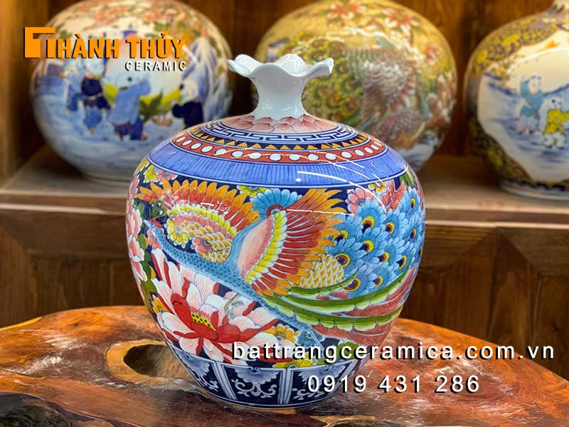 Bình hút tài lộc phượng hoàng ngàn hoa 35cm gốm sứ Bát Tràng may mắn phát tài