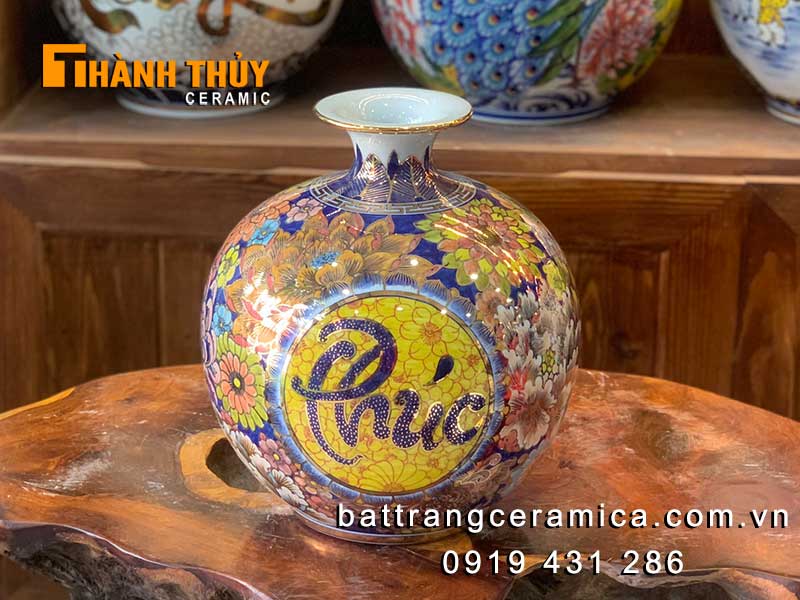 Bình hút lộc vẽ vàng Phúc Lộc ngàn hoa 30cm quà sang trọng phong thủy