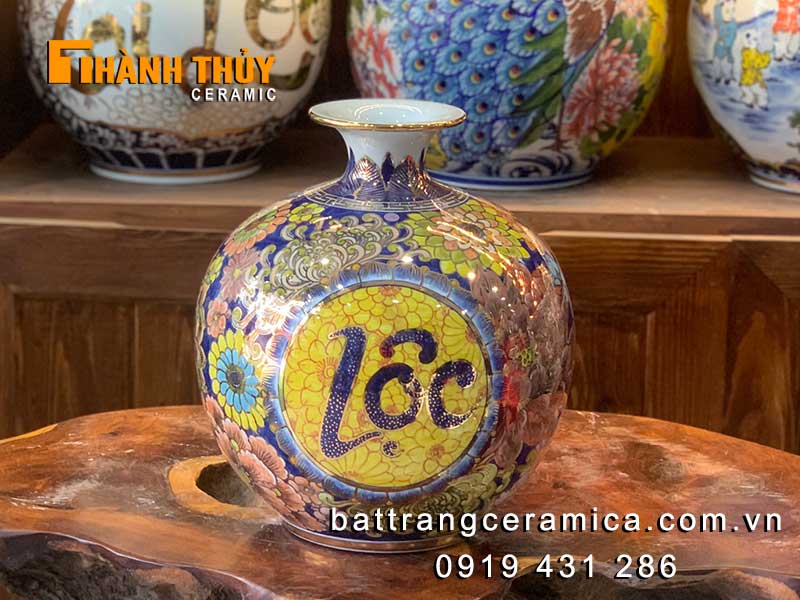 Bình hút lộc vẽ vàng Phúc Lộc ngàn hoa 30cm quà sang trọng phong thủy