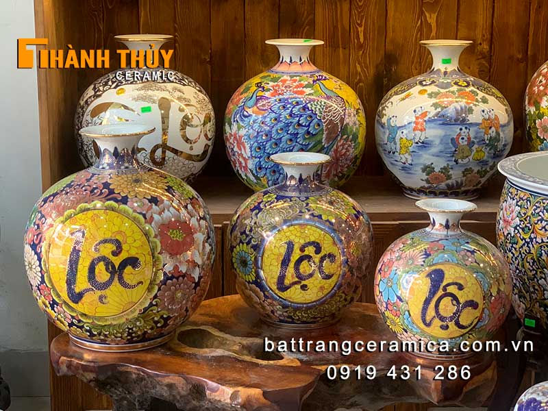 Bình hút lộc vẽ vàng Phúc Lộc ngàn hoa 30cm quà sang trọng phong thủy