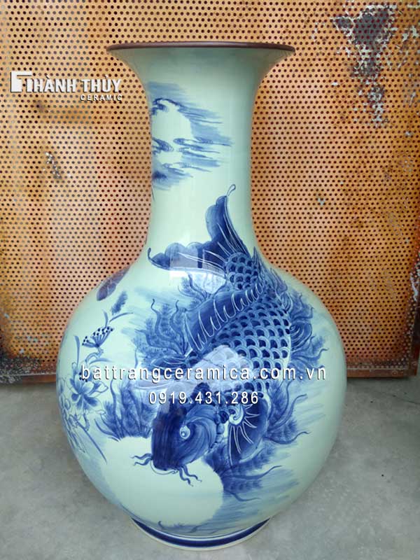 Lọ tỏi Lý ngư vọng nguyệt men Lam 65 cm Phong thủy Tài lộc Sang trọng