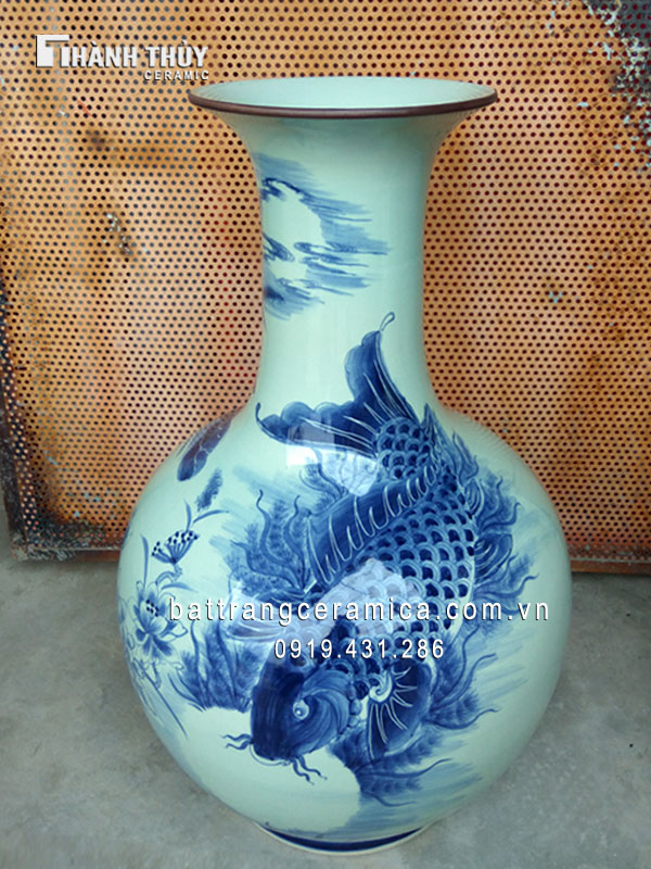 Lọ tỏi Lý ngư vọng nguyệt men Lam 65 cm Phong thủy Tài lộc Sang trọng