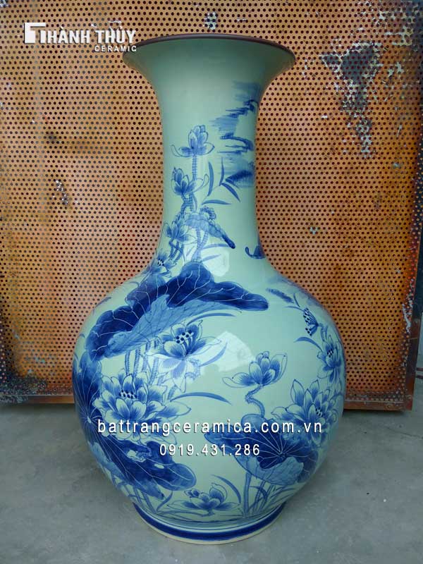 Lọ tỏi Lý ngư vọng nguyệt men Lam 65 cm Phong thủy Tài lộc Sang trọng