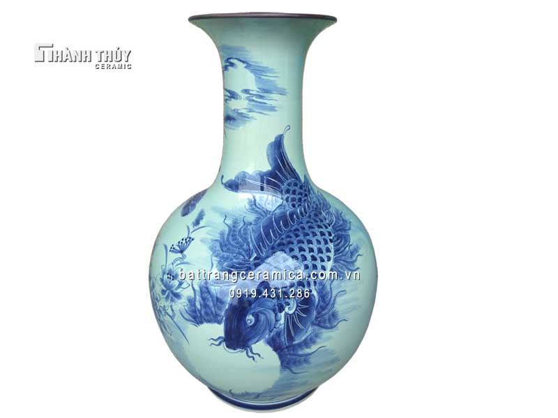 Lọ tỏi Lý ngư vọng nguyệt men Lam 65 cm Phong thủy Tài lộc Sang trọng 