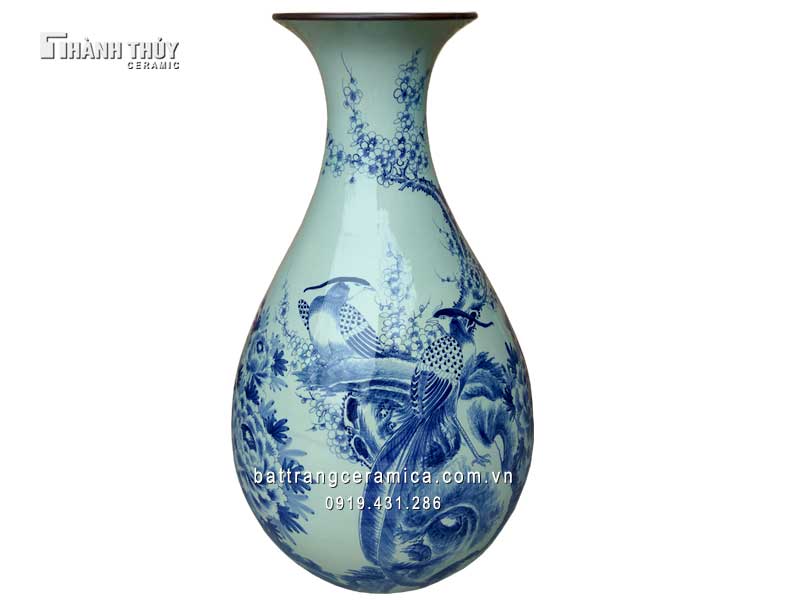 Tỳ bà chim trĩ hoa đào men Lam 75cm phong thủy quà tặng ý nghĩa 