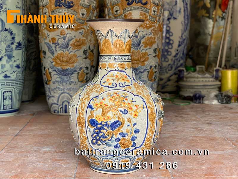 Bình củ tỏi Bát Tràng 65cm đắp nổi tứ cảnh sang trọng độc đáo