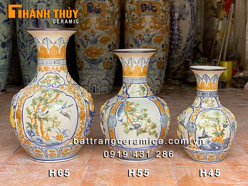 Bình củ tỏi Bát Tràng 65cm đắp nổi tứ cảnh sang trọng độc đáo