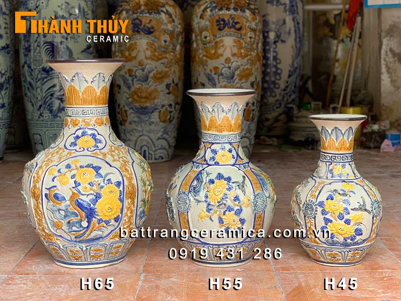 Bình củ tỏi Bát Tràng 65cm đắp nổi tứ cảnh sang trọng độc đáo