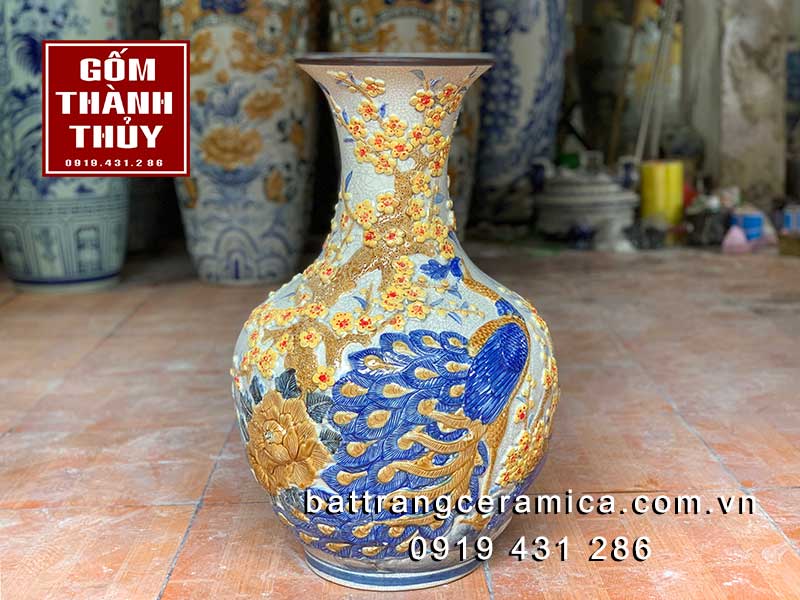 Lọ gốm Bát Tràng đắp nổi công mai 65cm cao cấp, độc đáo