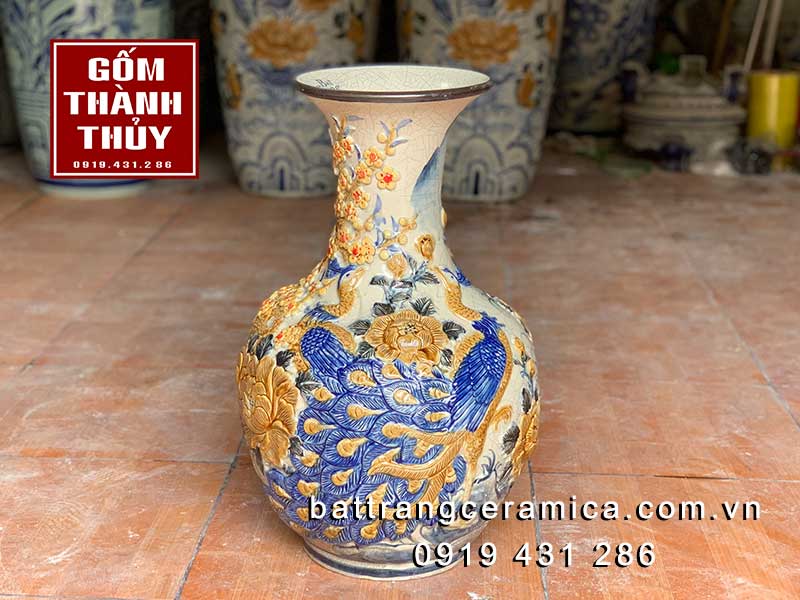 Bình củ tỏi gốm sứ Bát Tràng đắp nổi Công Mai cao 45cm sang trọng mua ngay 