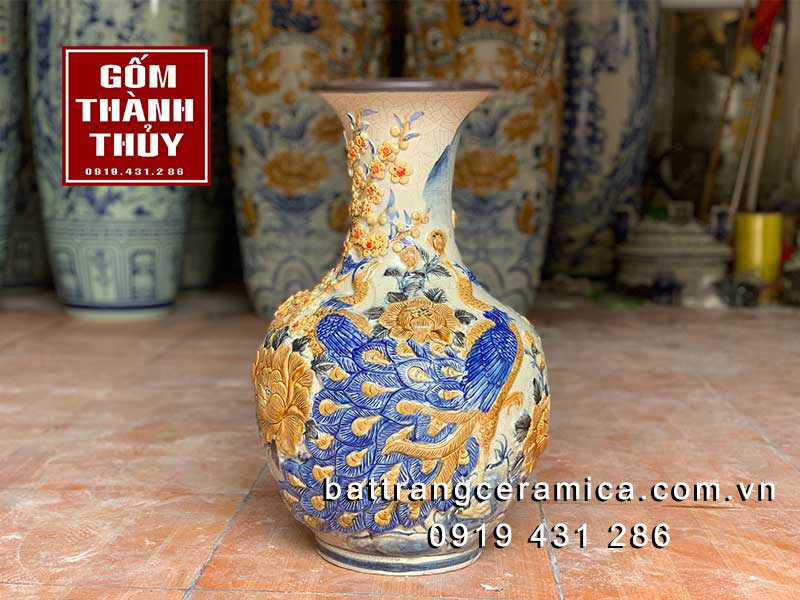 Bình củ tỏi gốm sứ Bát Tràng đắp nổi Công Mai cao 45cm sang trọng mua ngay