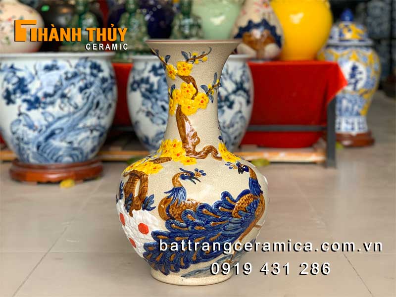 Bình củ tỏi đắp nổi Công Mai 42cm sang trọng lọ hoa Tết Bát Tràng 