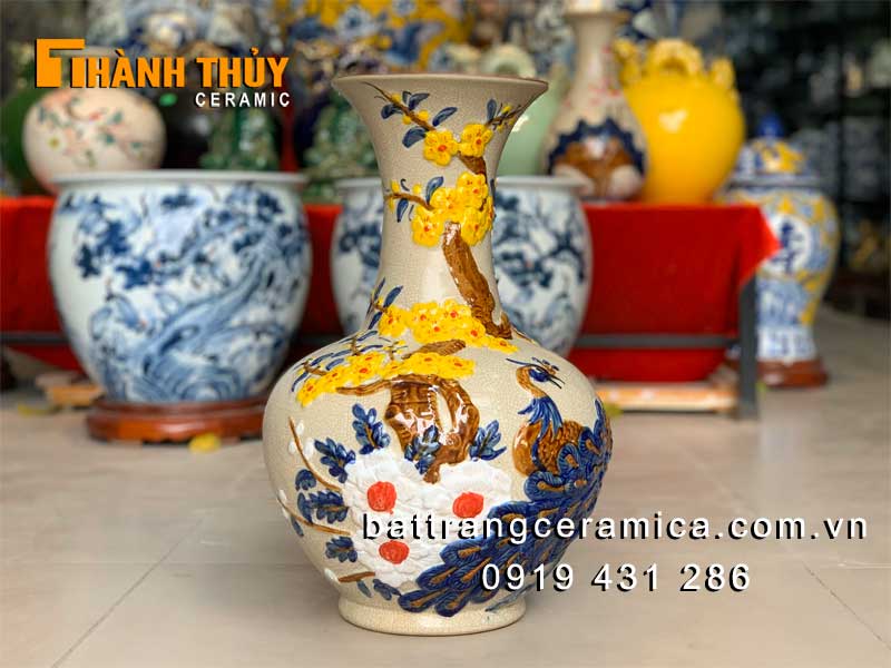 Bình củ tỏi đắp nổi Công Mai 42cm sang trọng lọ hoa Tết Bát Tràng Bình củ tỏi đắp nổi Công Mai 42cm sang trọng lọ hoa Tết Bát Tràng