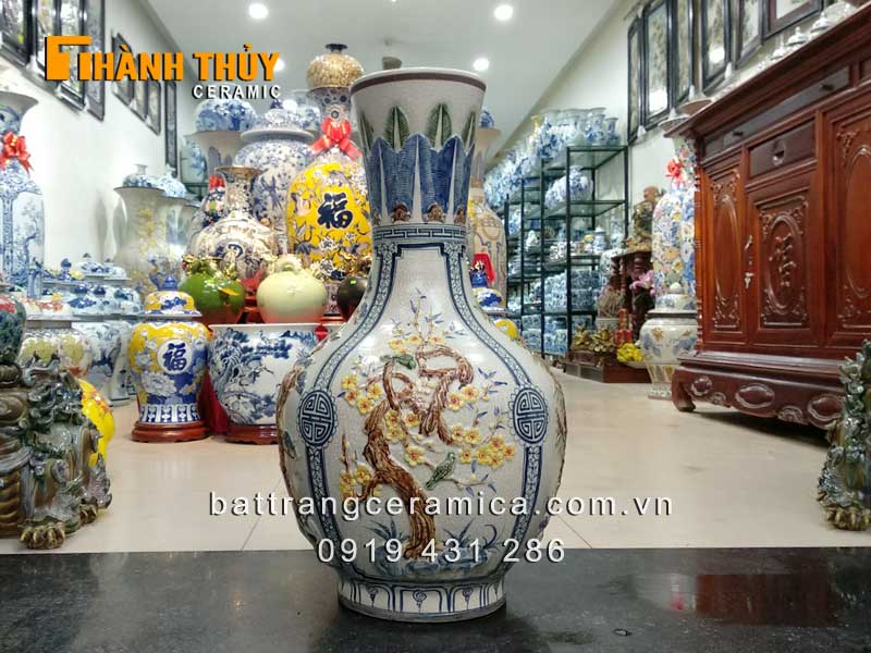 Bình củ tỏi tứ cảnh đắp nổi 70cm phong thủy may mắn sang trọng 